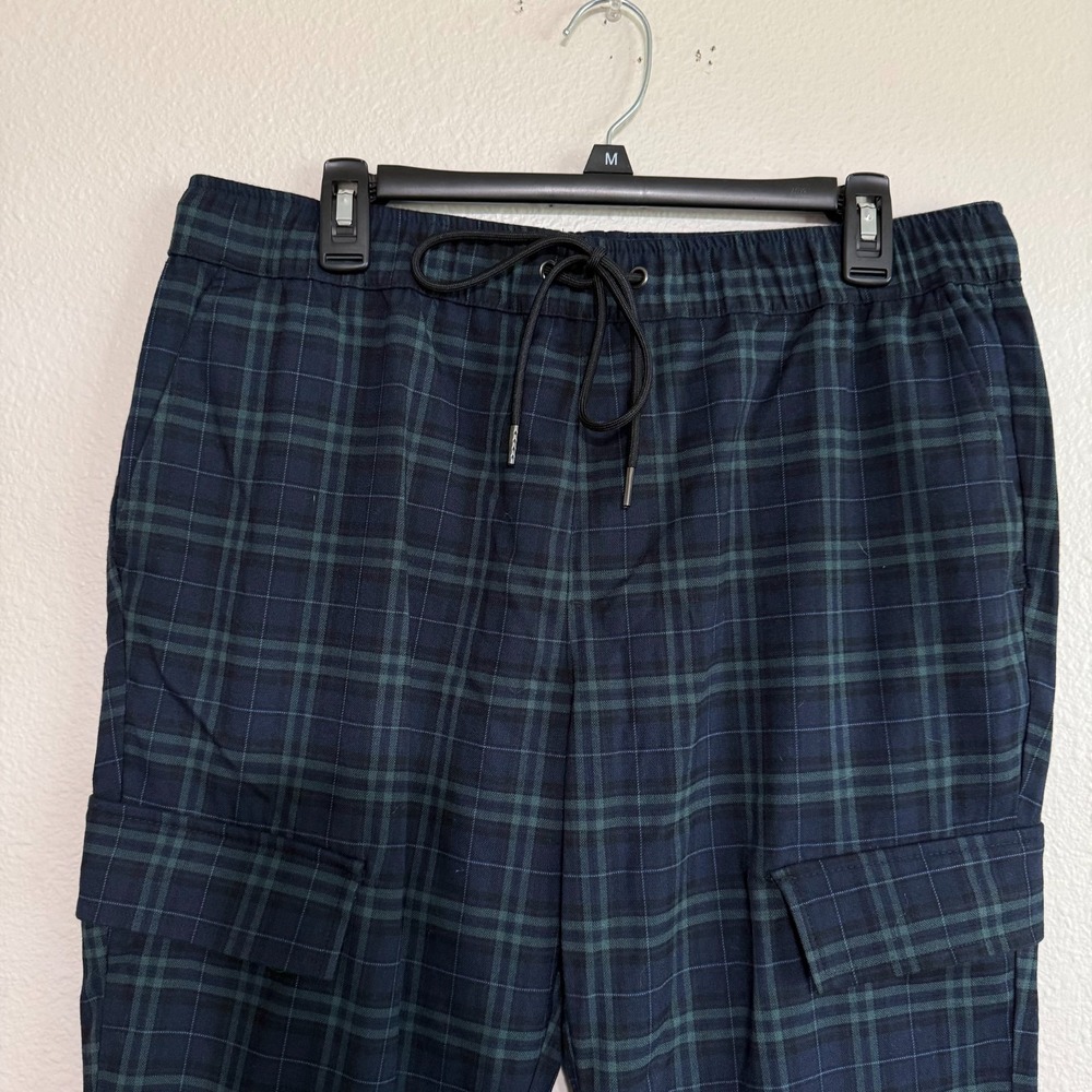 PacSun Cargo Pants Men's Large Navy Green Plaid Drawstring Waist Pockets Classic - Picture 2 of 10